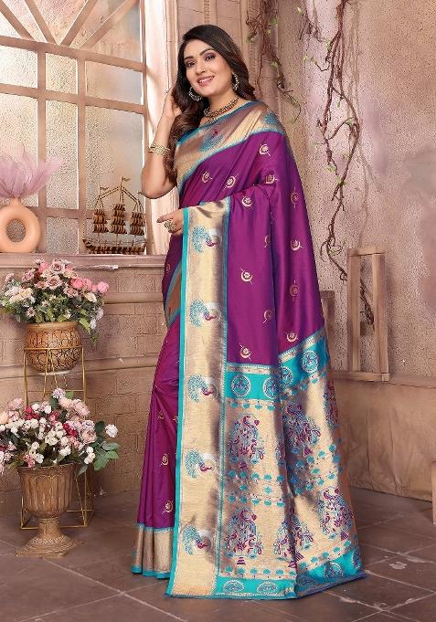 Wine Woven Silk Saree Set