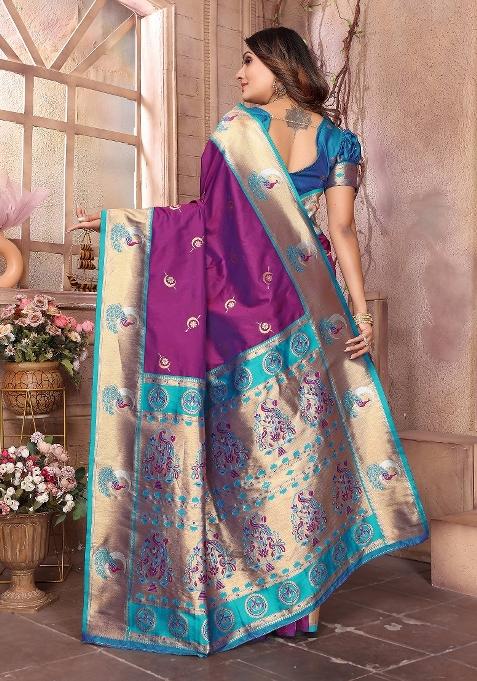 Wine Woven Silk Saree Set