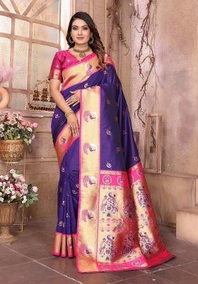 Purple Woven Silk Saree Set