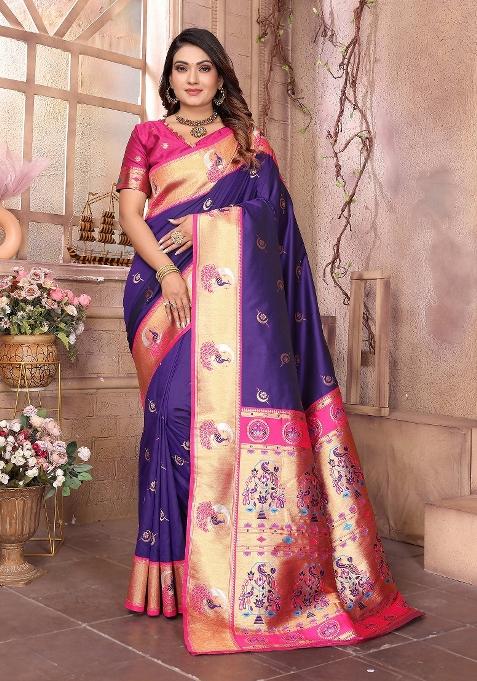 Purple Woven Silk Saree Set