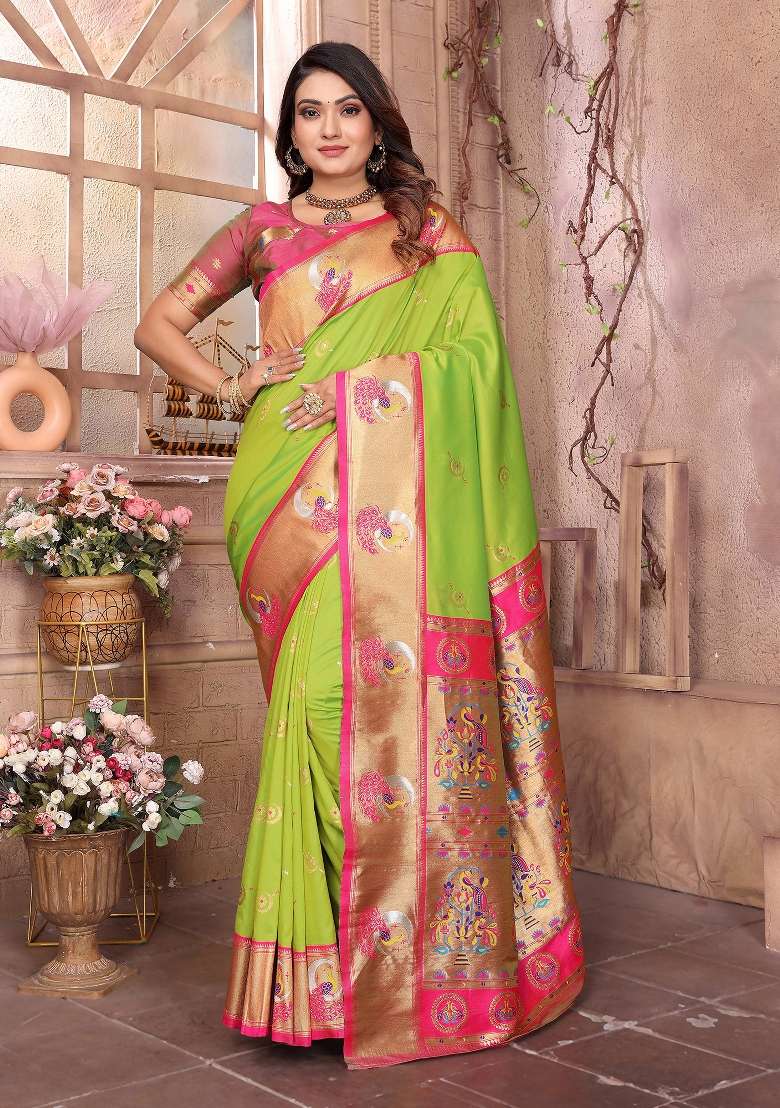 Light Green Woven Silk Blend Saree Set for Diwali | Wedding & Festive Wear - Indya