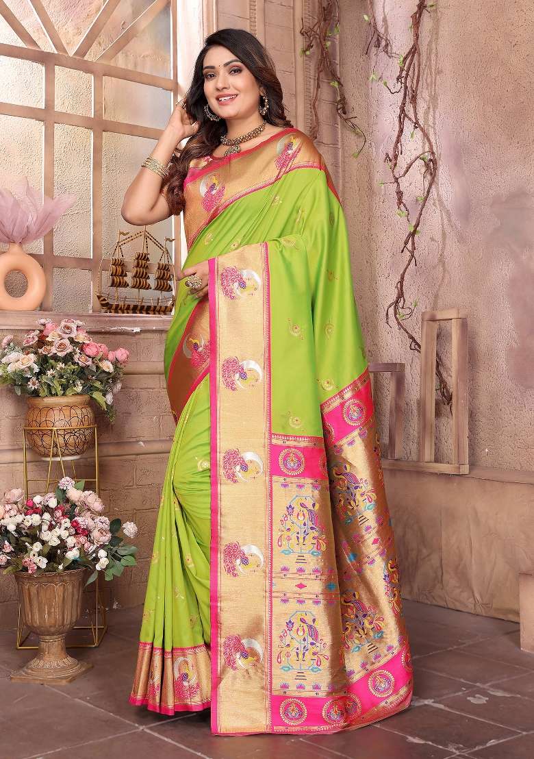 Light Green Woven Silk Blend Saree Set for Diwali | Wedding & Festive Wear - Indya