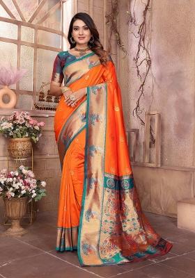 Orange Woven Silk Saree Set