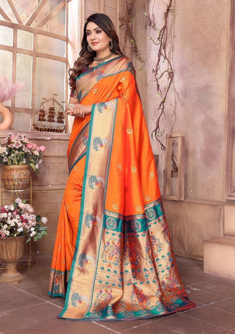 Orange Woven Silk Saree Set