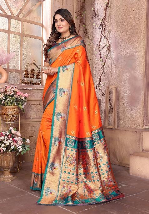 Orange Woven Silk Saree Set