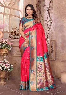 Hot Pink Woven Silk Saree Set