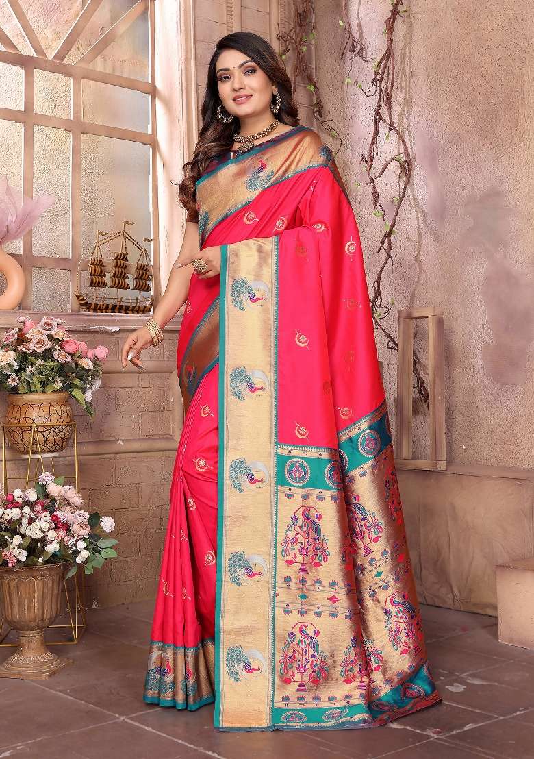 Hot Pink Woven Silk Blend Saree Set for Diwali and Festive Wear - Indya