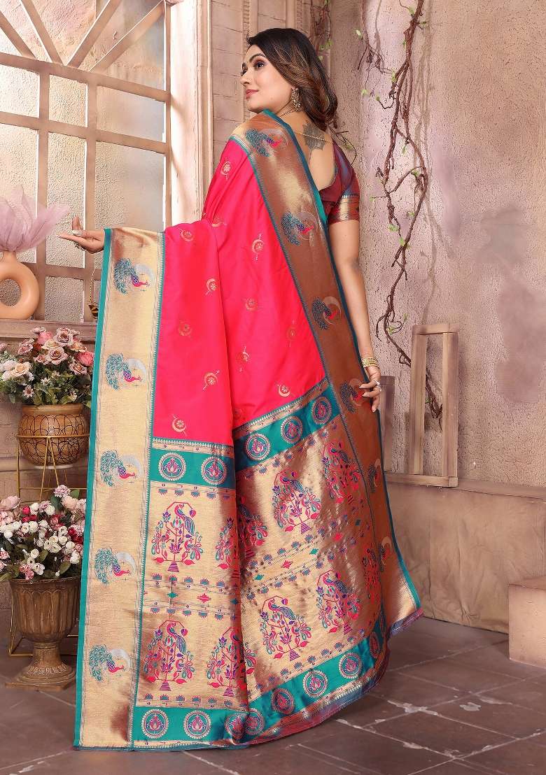 Hot Pink Woven Silk Blend Saree Set for Diwali and Festive Wear - Indya