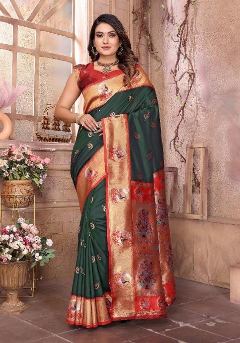 Dark Green Woven Silk Saree Set