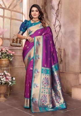 Purple Woven Silk Saree Set