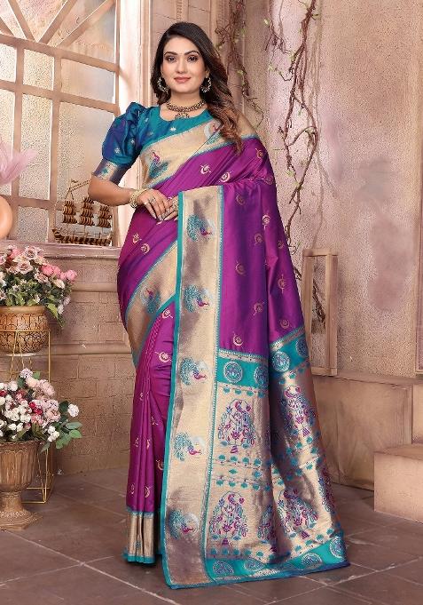 Purple Woven Silk Saree Set