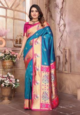 Royal Blue Woven Silk Saree Set