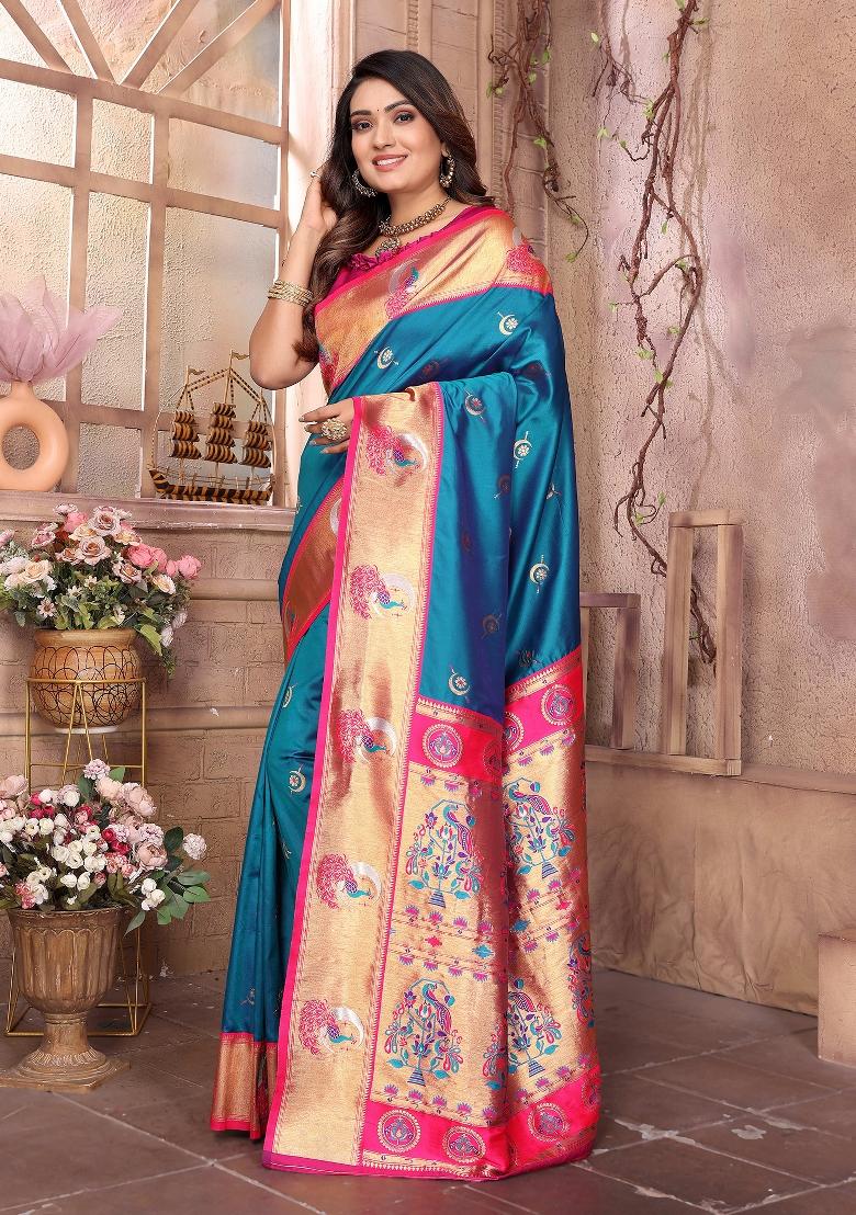 Royal Blue Woven Silk Saree Set