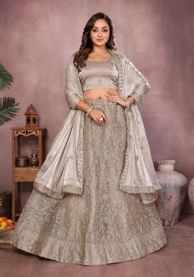 Warm Grey Embroidered Silk Saree Set