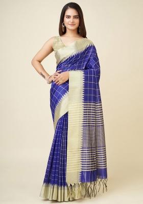 Blue Woven Silk Saree Set