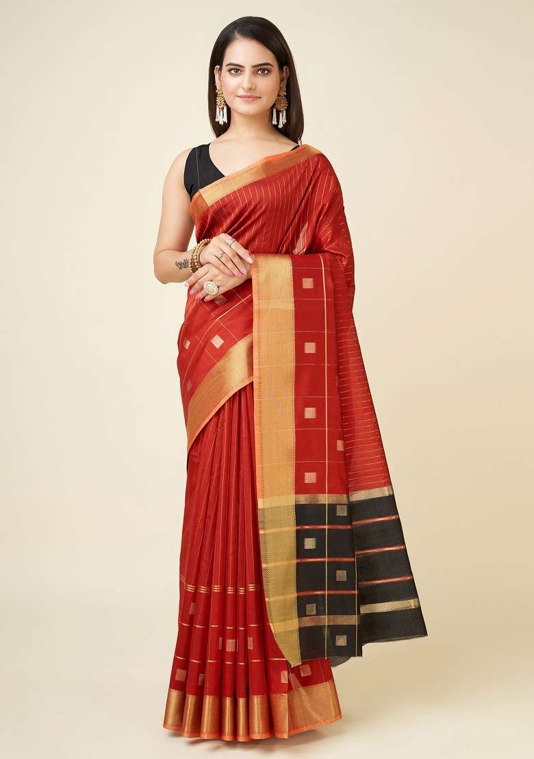 Red Woven Silk Saree Set - Indya
