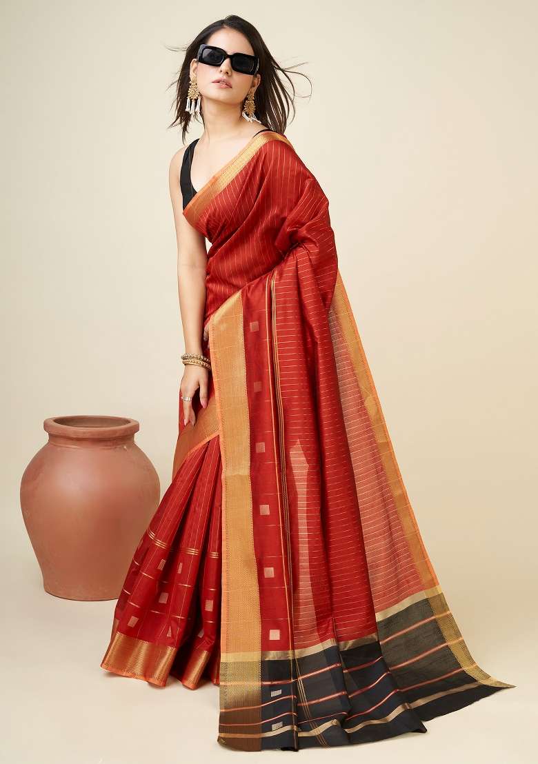 Red Woven Silk Saree Set - Indya