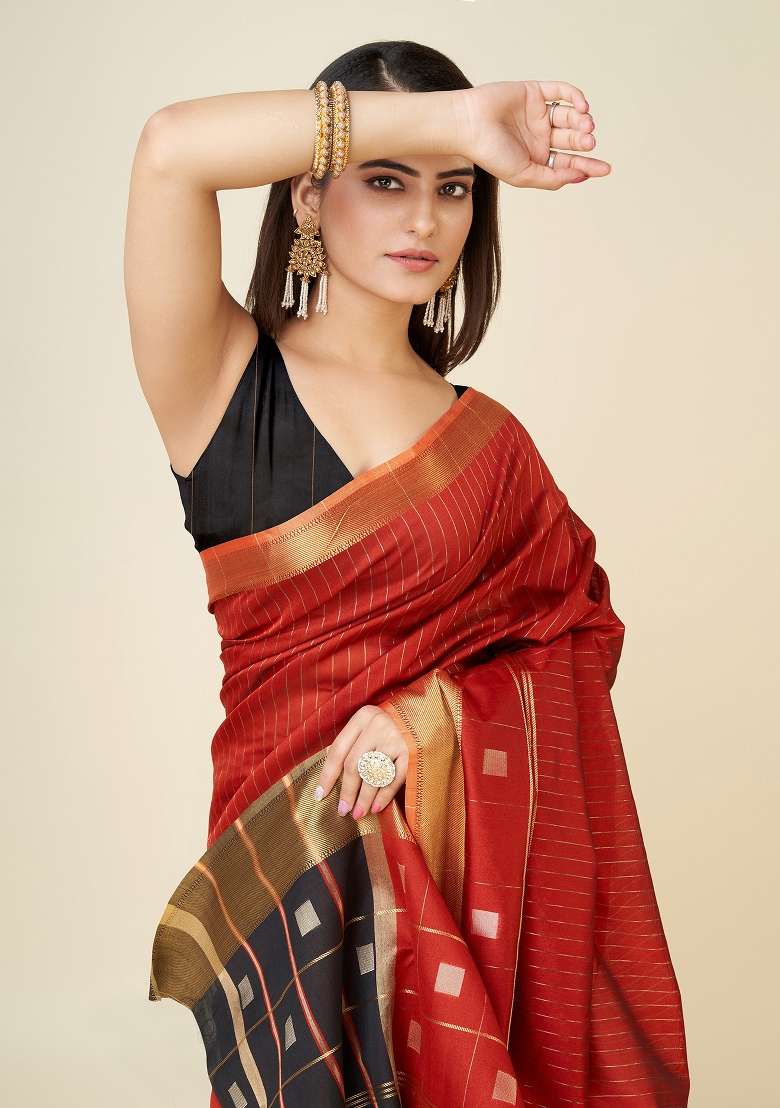 Red Woven Silk Saree Set - Indya