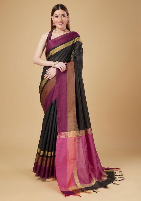 Black Woven Silk Saree Set