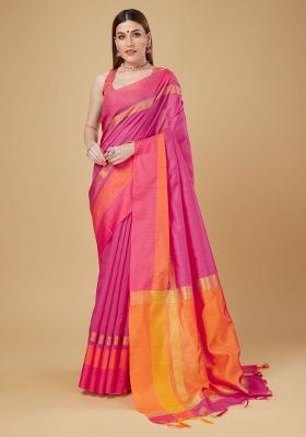 Pink Woven Silk Saree Set