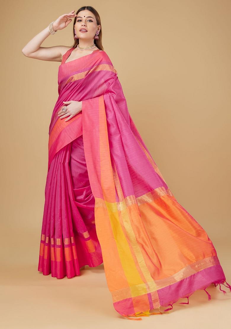 Pink Woven Silk Saree Set