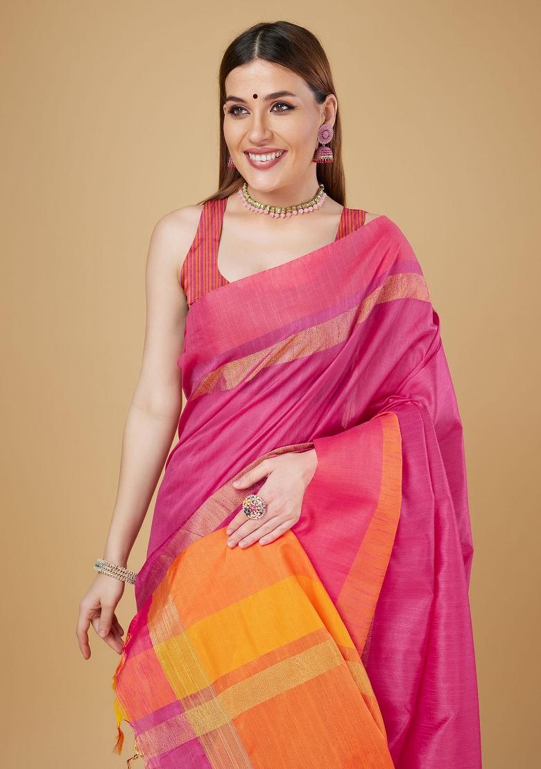 Pink Woven Silk Saree Set