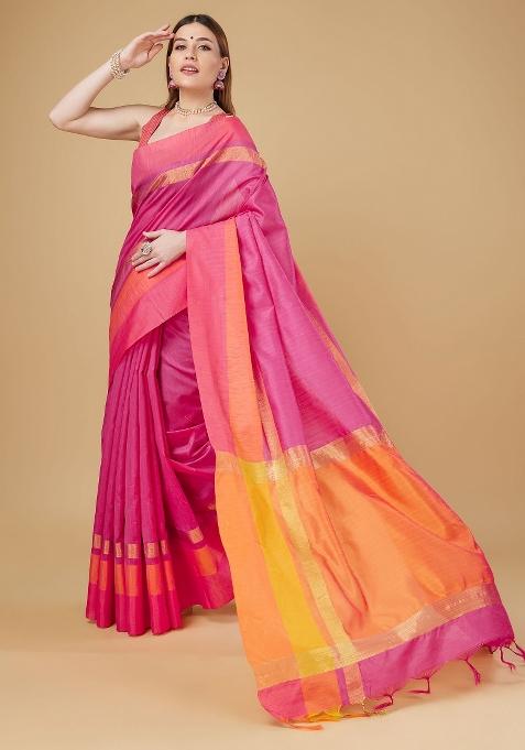 Pink Woven Silk Saree Set