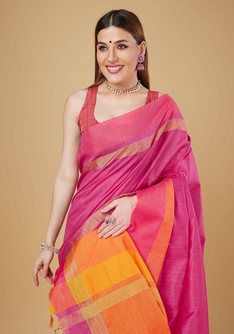 Pink Woven Silk Saree Set