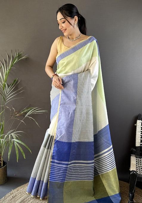 Blue Woven Silk Saree Set