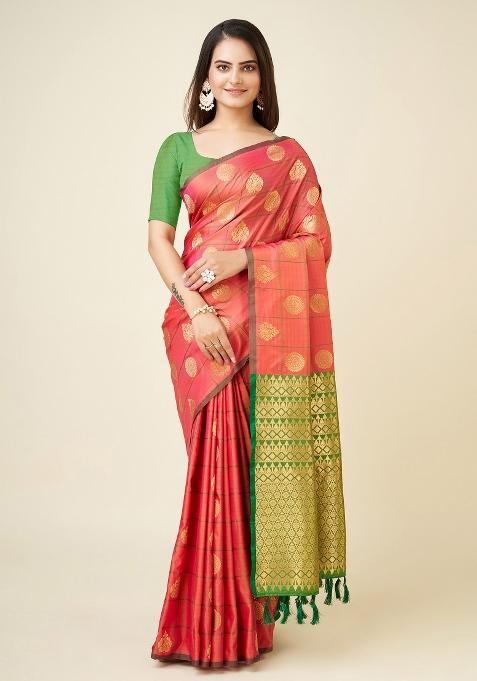 Pink Woven Silk Saree Set