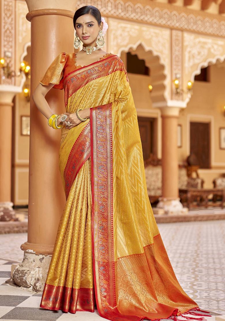Golden Yellow Woven Silk Saree Set