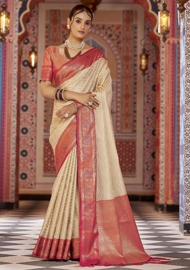 Cream Woven Silk Saree Set