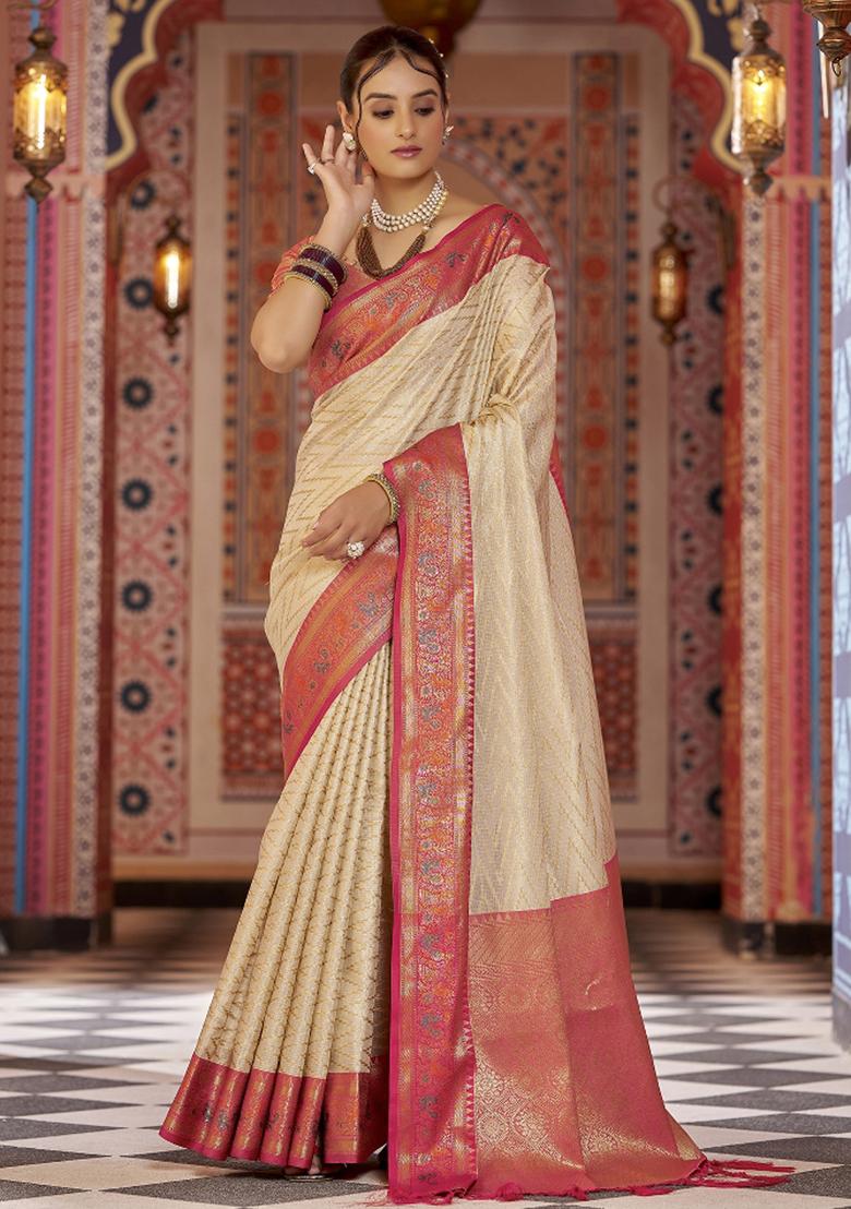 Cream Woven Silk Saree Set