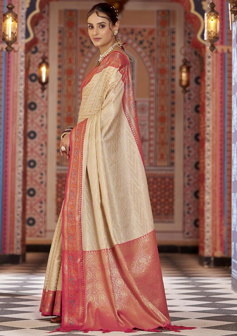 Cream Woven Silk Saree Set