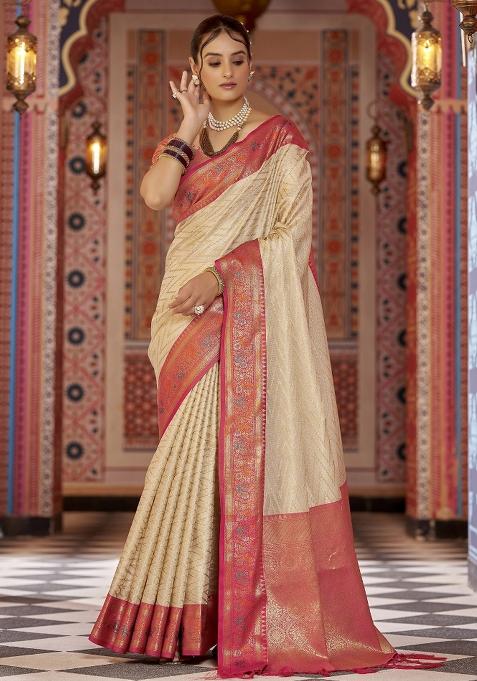 Cream Woven Silk Saree Set