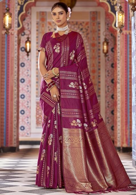 Magenta Woven Silk Saree Set