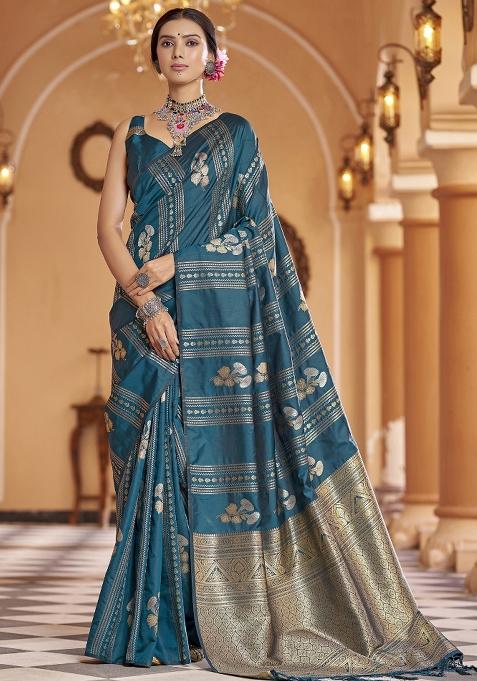 Teal Woven Silk Saree Set