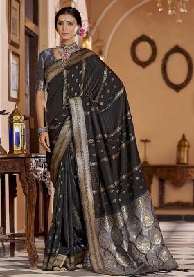 Black Woven Silk Saree Set