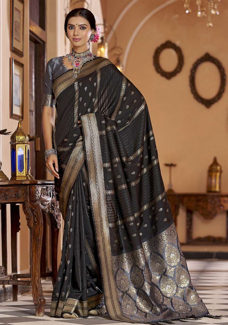 Black Woven Silk Blend Saree Set for Diwali and Festive Wear - Indya