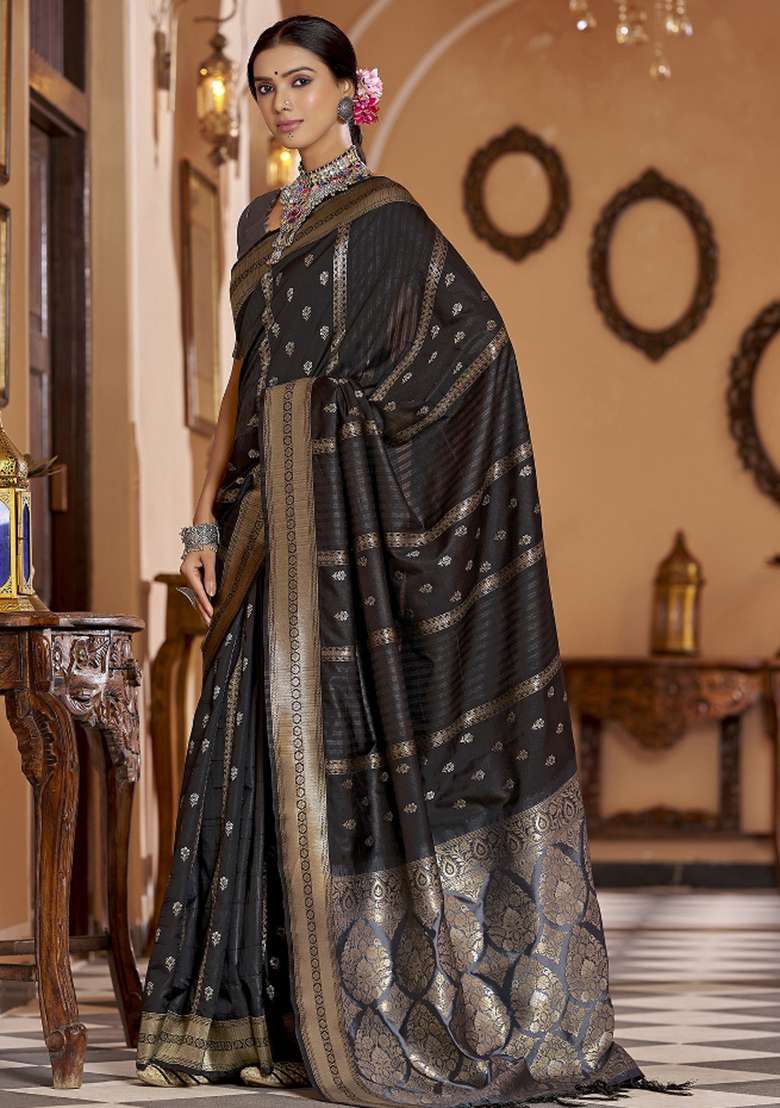 Black Woven Silk Blend Saree Set for Diwali and Festive Wear - Indya