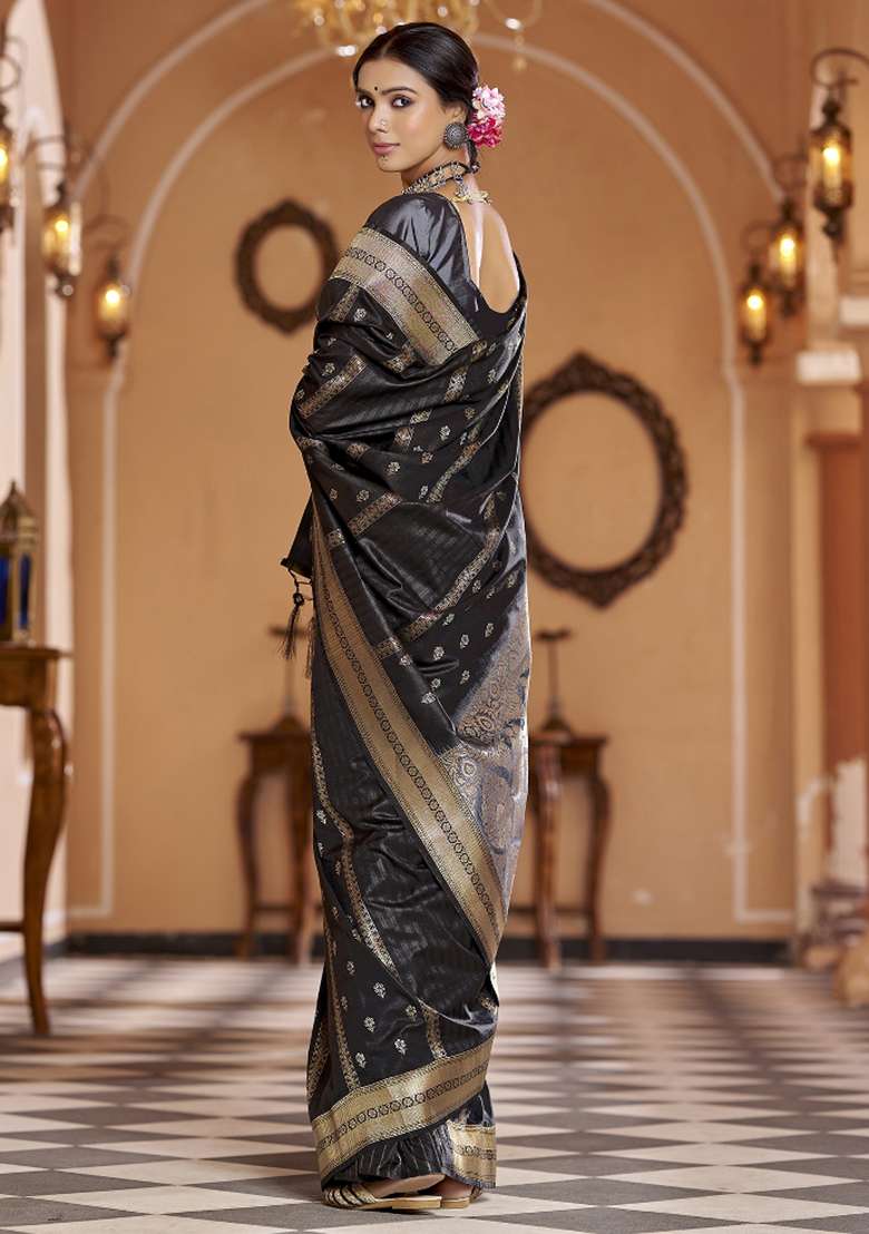 Black Woven Silk Blend Saree Set for Diwali and Festive Wear - Indya