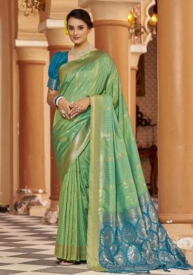 Green Woven Silk Saree Set