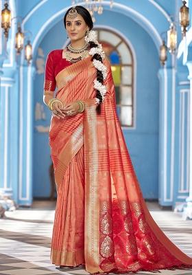 Peach Woven Silk Saree Set