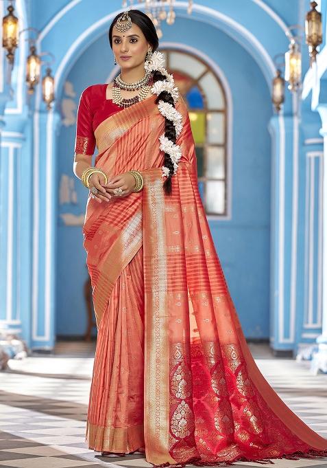 Peach Woven Silk Saree Set