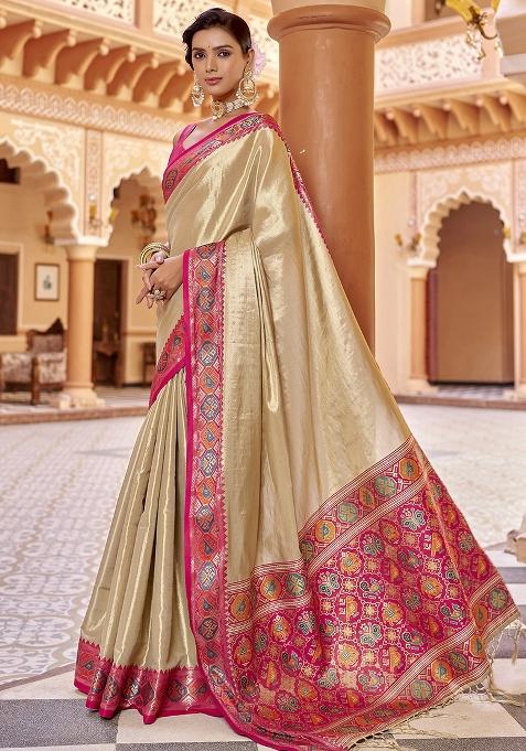 Cream Woven Silk Saree Set