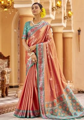Peach Woven Silk Saree Set