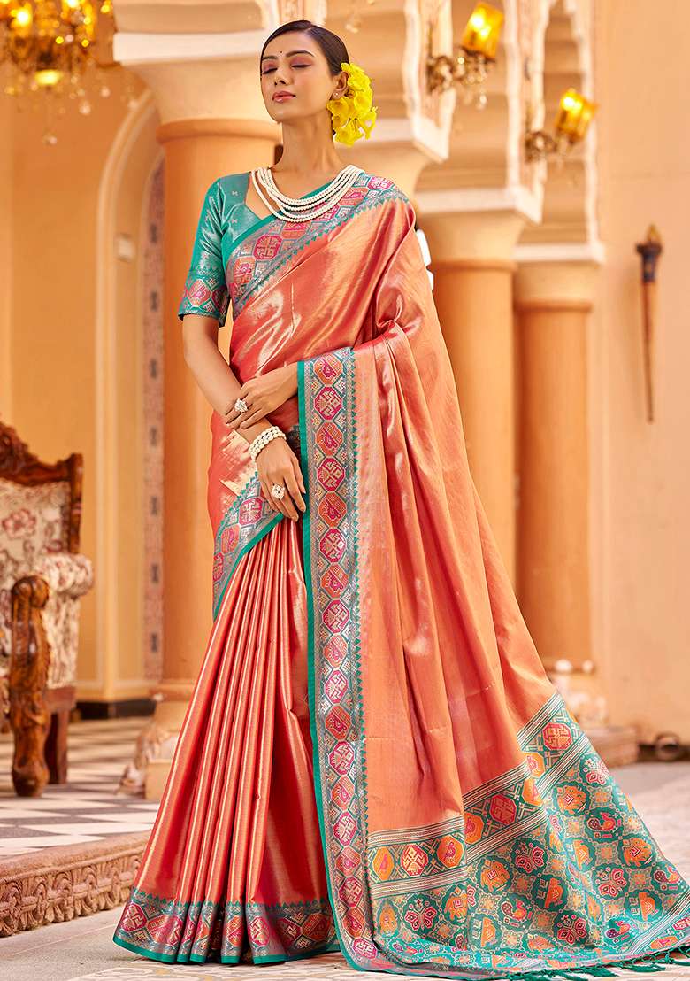 Peach Woven Silk Saree Set - Indya