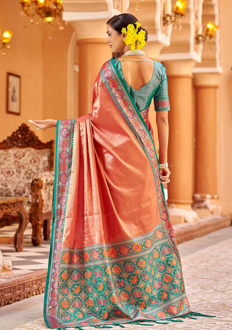Peach Woven Silk Saree Set - Indya