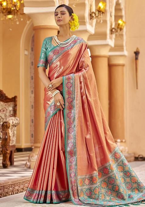 Peach Woven Silk Saree Set