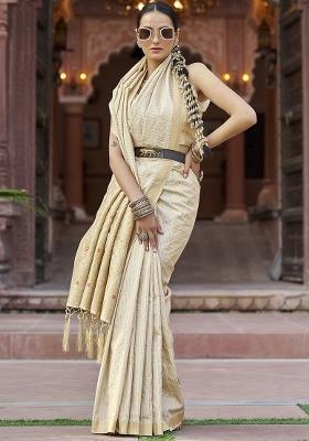 Cream Woven Silk Saree Set